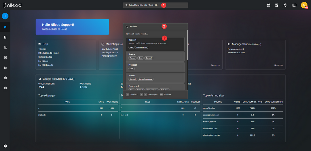 quick menu - redirect - Nilead platform